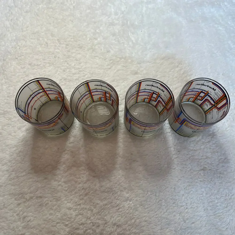 4 RARE BILL BLASS New‎ York City Subway Manhattan Map Whiskey Bourbon Glasses